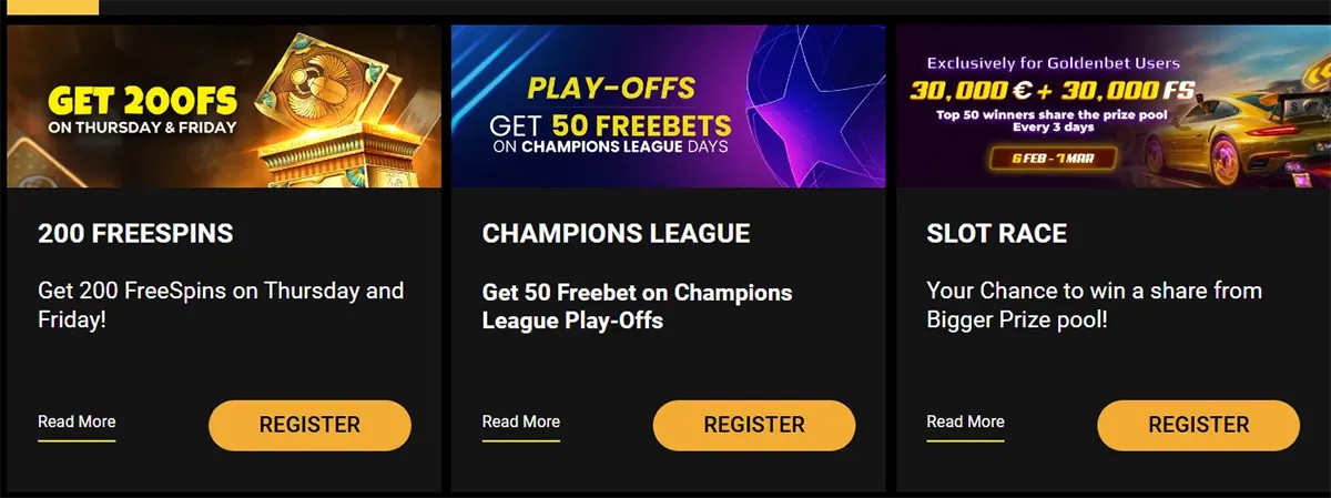 Casino promotions section featuring three bonus cards: 200 free spins offer on Thursday and Friday, Champions League play-offs with 50 free bets, and a slot race promotion with a shared prize pool, each with “Read More” and “Register” buttons on a dark-themed background.