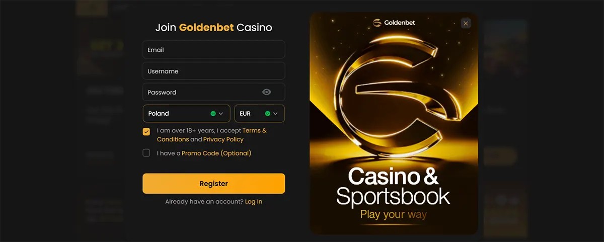 Goldenbet Casino registration form with email, username, password, country and currency selection, plus a gold-themed banner showing a large “G” logo and “Casino & Sportsbook – Play your way” on a dark background.
