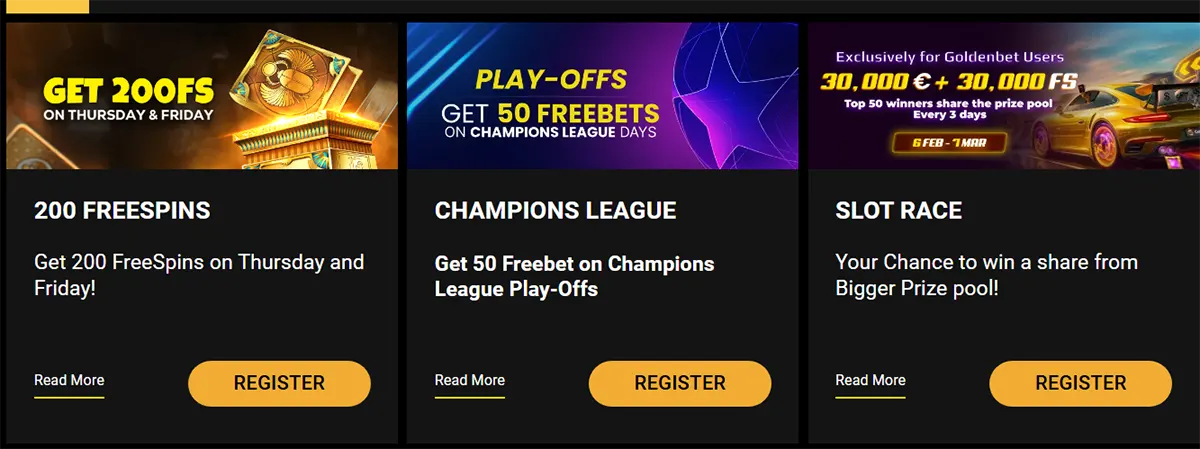 Casino promotions section featuring three bonus cards: 200 free spins offer on Thursday and Friday, Champions League play-offs with 50 free bets, and a slot race promotion with a shared prize pool, each with “Read More” and “Register” buttons on a dark-themed background.