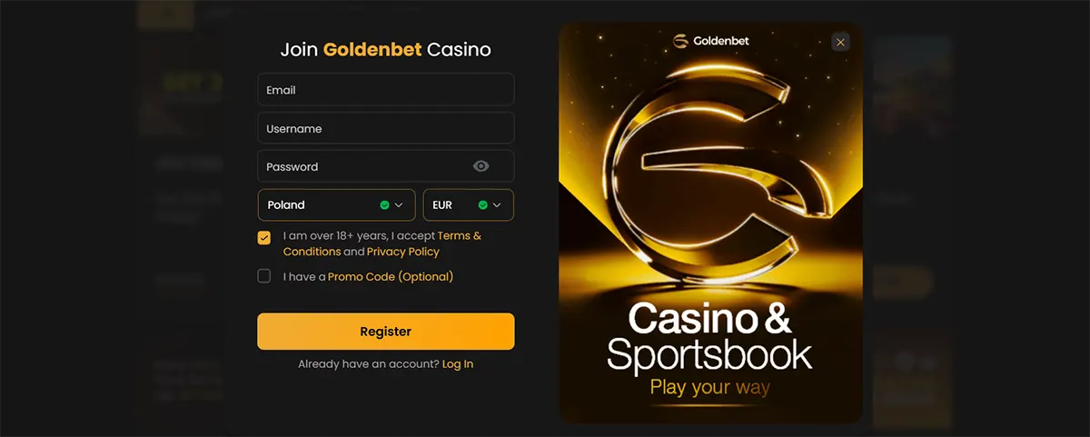 Goldenbet Casino registration form with email, username, password, country and currency selection, plus a gold-themed banner showing a large “G” logo and “Casino & Sportsbook – Play your way” on a dark background.